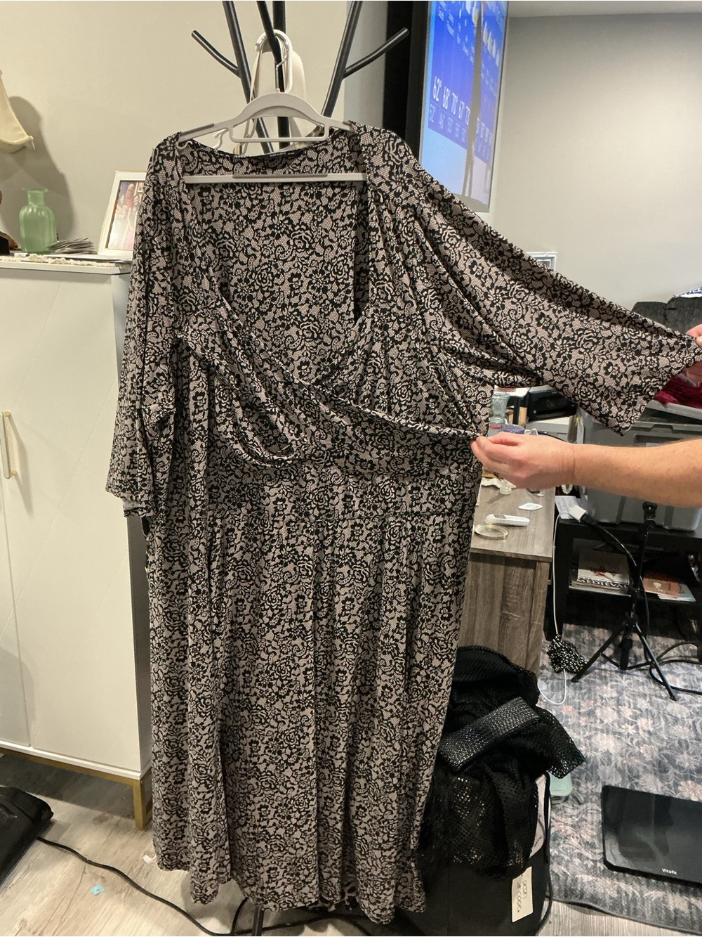 eshakti Black and Cream Floral Wrap Maxi Dress - Long Sleeve